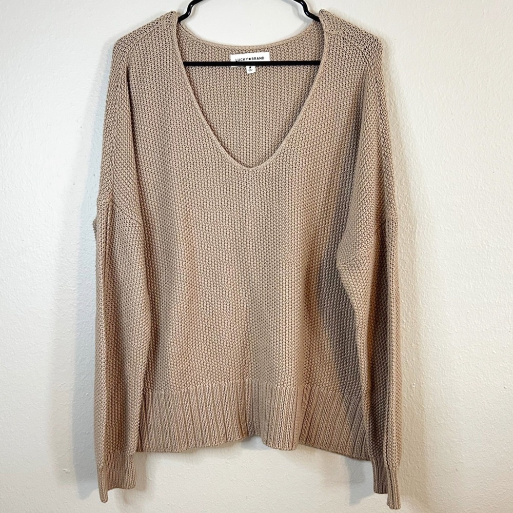 Lucky Brand Womens Tan V-Neck Knit Pullover Sweater‎ M Cozy Coastal Beach